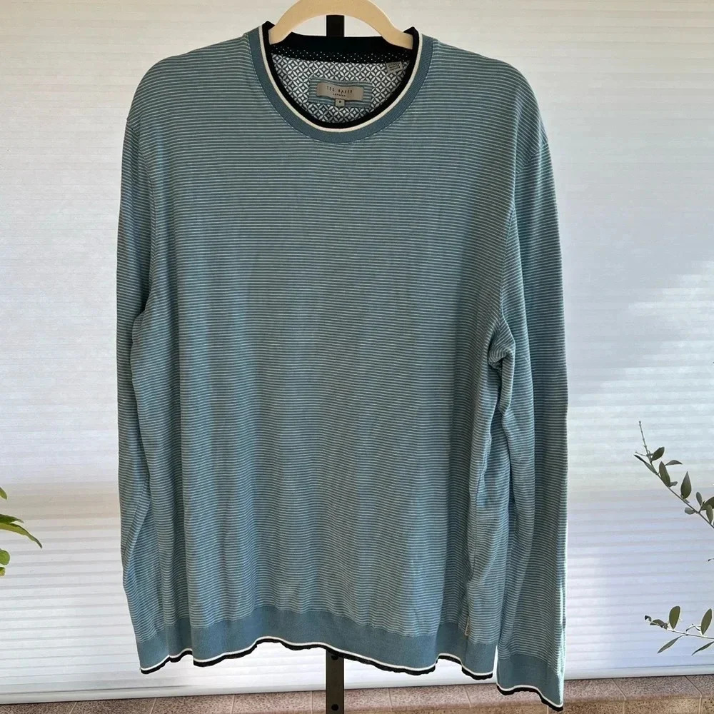 Ted Baker London Men’s Stripe Crew Neck Long Sleeve Shirt Blue Size 6 or XXL